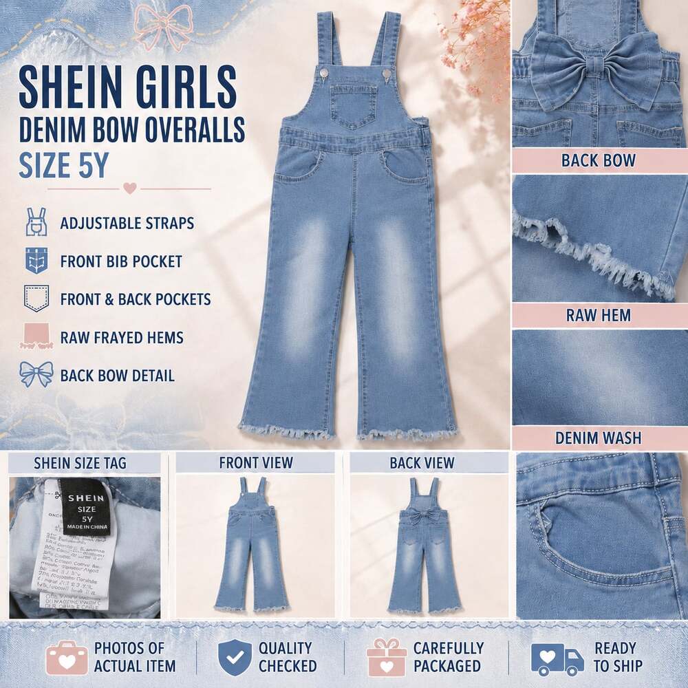 SHEIN Girls Denim Bow Overalls Flared Pants Size 5Y